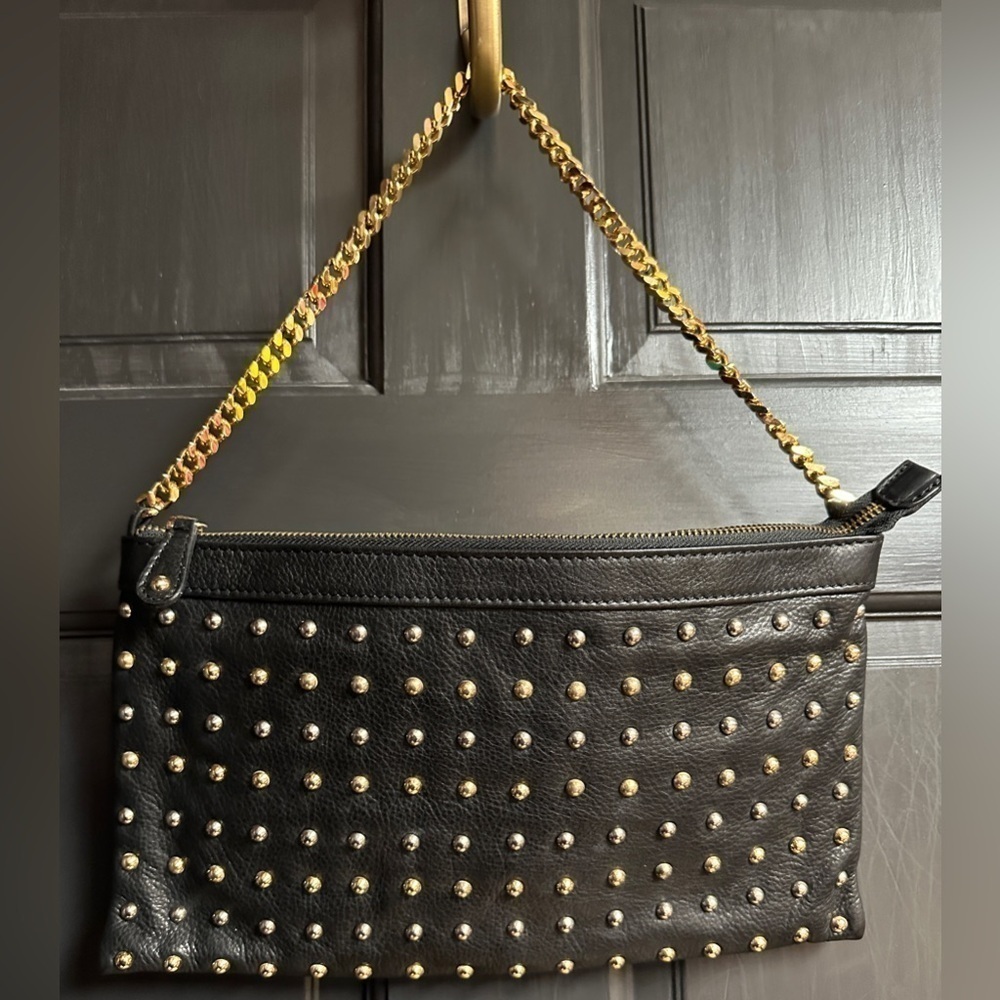 Popcorn Milano Black Leather Shoulder Bag with Chain Strap & Gold & Silver Studs